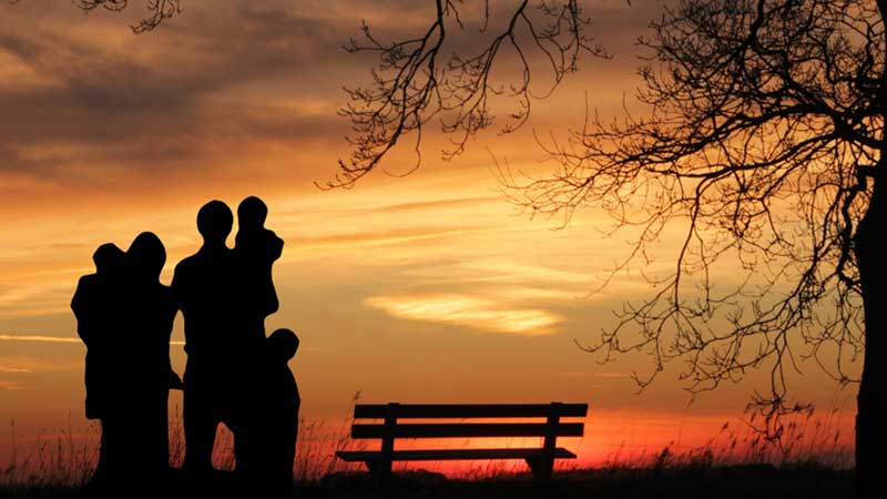 Silhouette of a family standing together on a hill at sunset next to a bench and tree